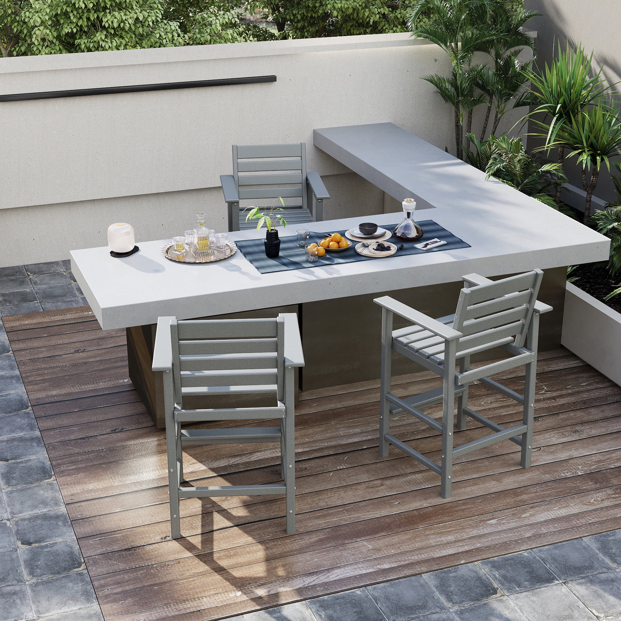 FOOWIN HDPE Plastic Tall Adirondack Chair Set of 2 W/ Outdoor Barstools and Connecting Tray, Gray