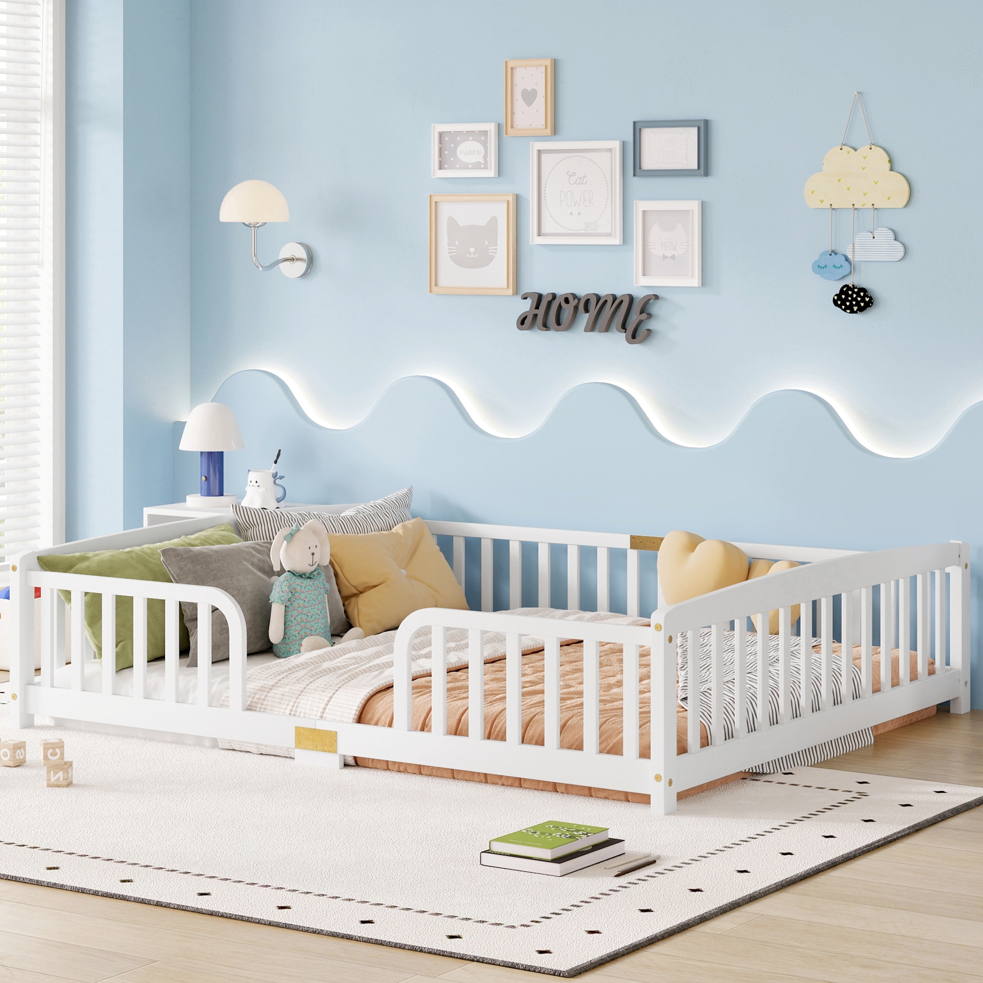 Leumius Queen Size Floor Fence Bed with Central Entrance,Pine Wood Floor bed with Guardrails,White