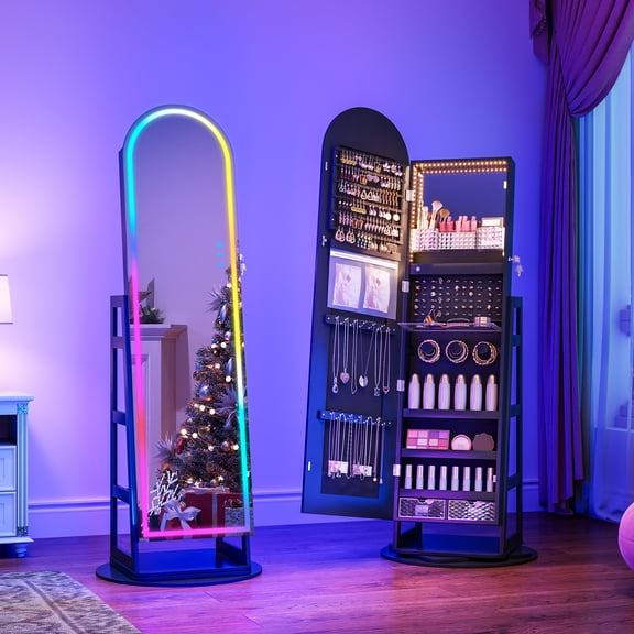 VKCC LED Mirror Jewelry Cabinet,Jewelry Armoire Standing ,Full-Length Mirror and Storage,Black