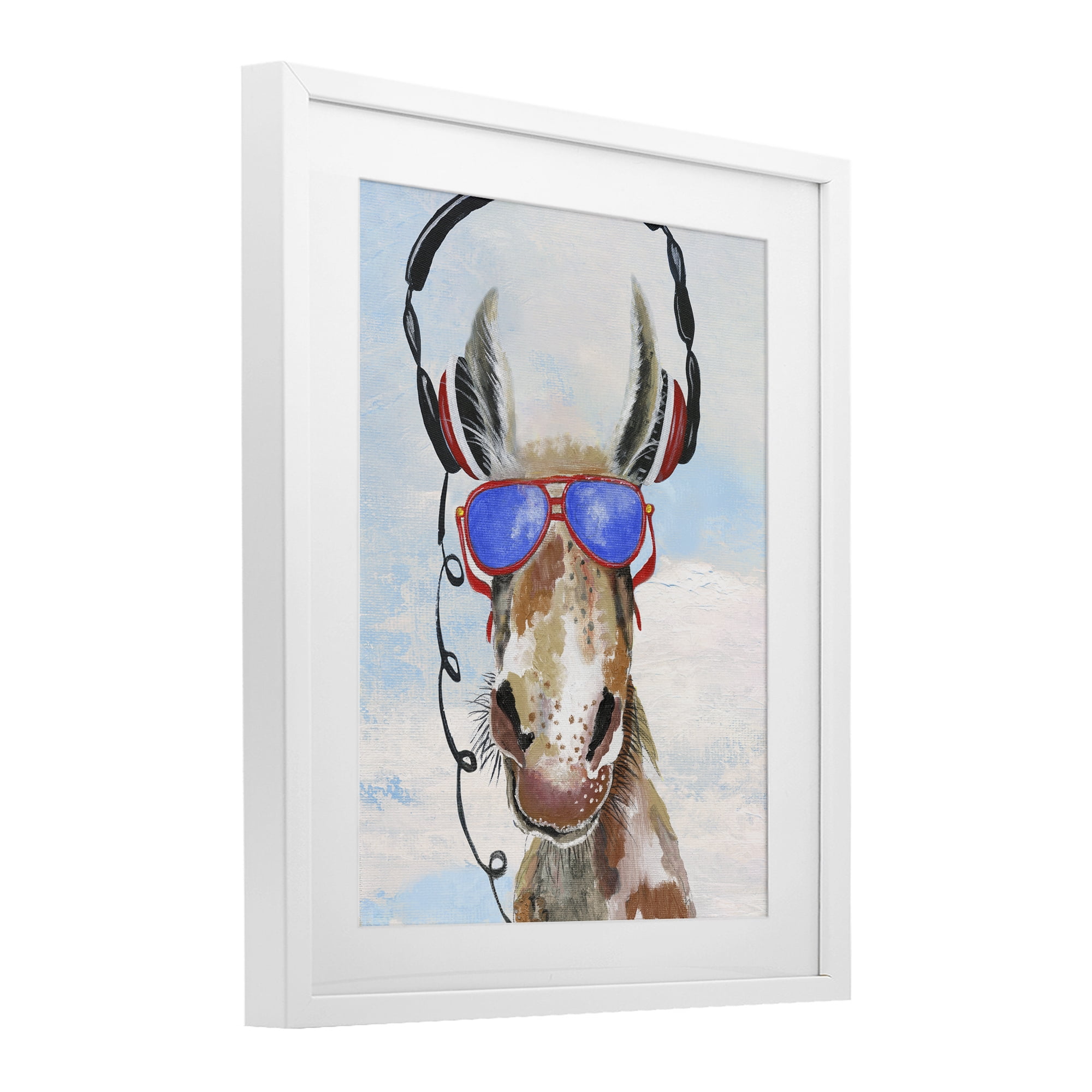 Stupell Industries Donkey Wearing Headphones White Framed Print Under Glass, design by Janet Tava