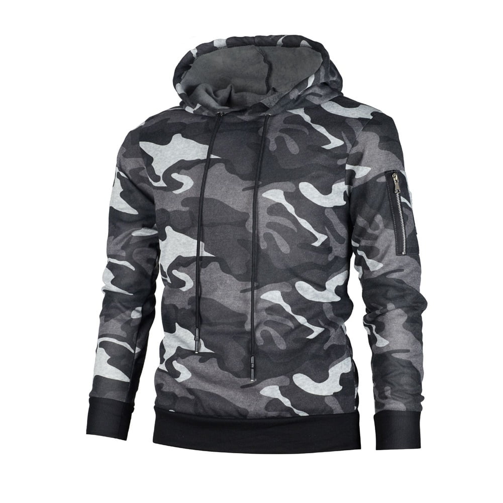 Pudcoco Men Fleece Sweatshirt Autumn Winter Camo Hooded Hoodies Blank Pullover Hoody Cotton Male Tops Clothes Gray