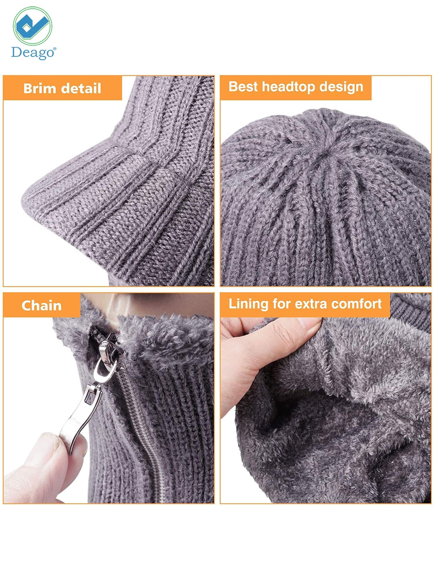 Deago Men Winter Knitted Balaclava Beanie Hat Scarf Set Warm Cycling Ski Mask Neck Warmer with Thick Fleece Lined Zipper Winter Hat & Scarf (Gray) - image 5 of 8