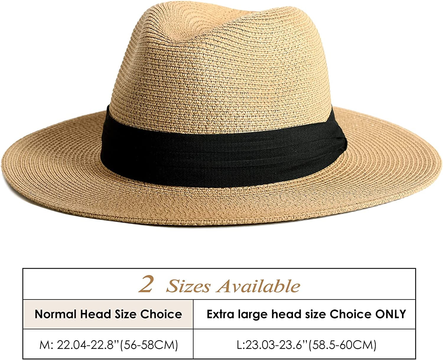Furtalk Wide Brim Tan Straw Black Ribbon Adjustable Strap 