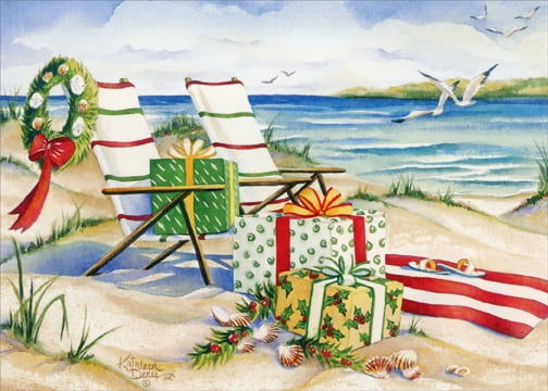 LPG Greetings Beach Chairs, Wreath, Presents Warm Weather Christmas Card