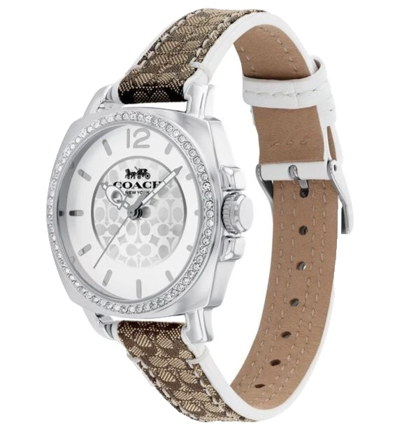 Coach 14503148 Boyfriend Silver Tone Logo Dial Brown/White Logo Design Leather Band Women's Watch