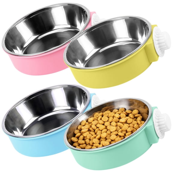 4 Pcs Dog Crate Water Bowl, Hanging Attachable Stainless Steel Pet Feeder, Removable Spill-Proof Dish for Kennels, Multi-Color, Easy Clean Design