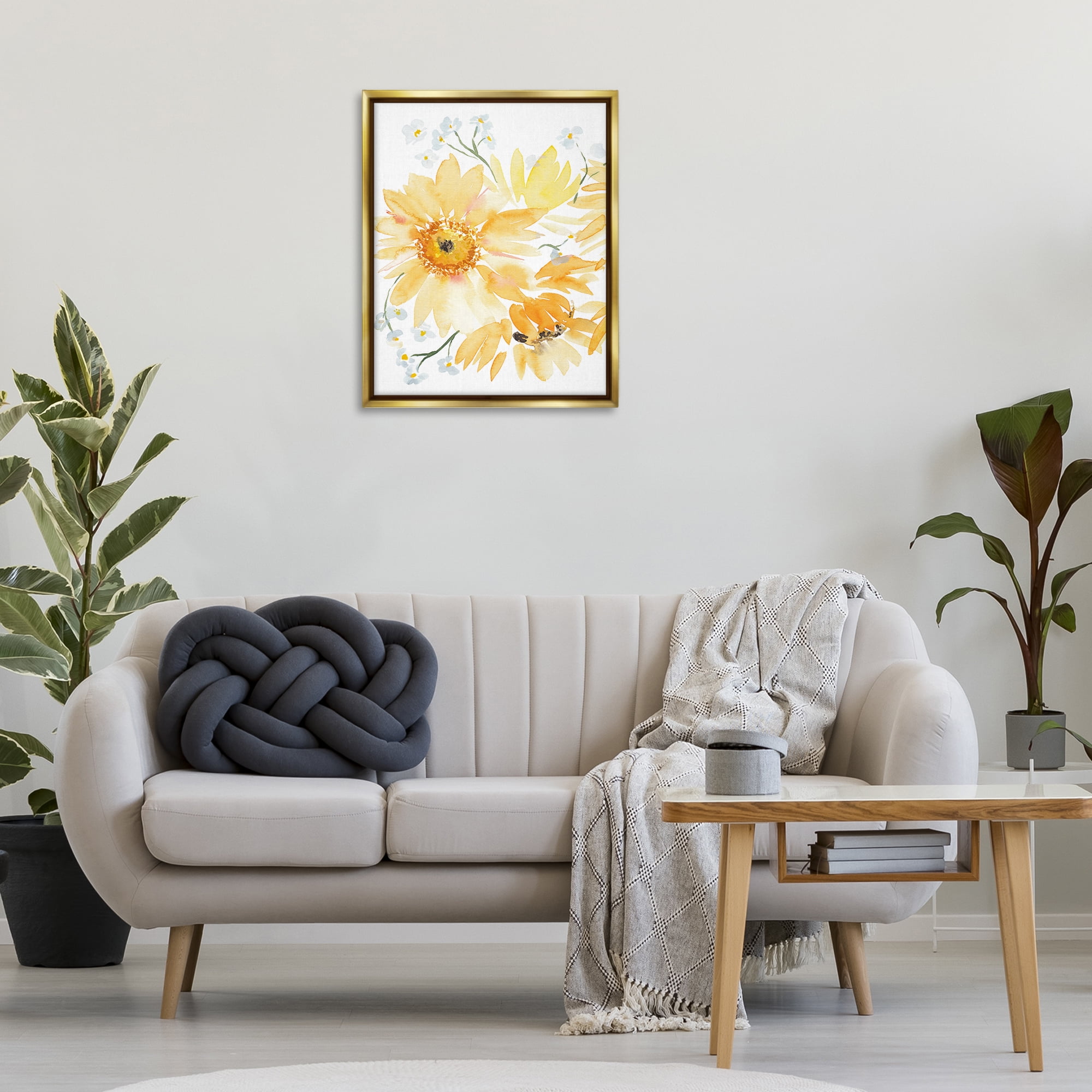 Stupell Industries Yellow Brushed Flowers Botanical & Floral Painting Gold Floater Framed Art Print Wall Art, 25 x 31