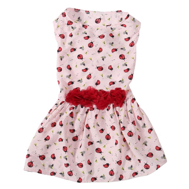 Robe pour Chien Mignonne Motif Ladybug et Herbe Confortable Respirante pour Chiot Fille Printemps Été Rose L