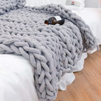 Plush Chunky Knit Throw, Hand Knitted Chenille Blanket, Soft Cable Knit Pattern, 40x40 Inch Warm Fleece for Sofa Couch Bed Armchair, Versatile Home Decor, Gray