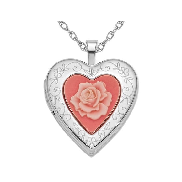 Sterling Silver Pink Resin Rose Cameo Heart Locket Pendant Necklace with Chain