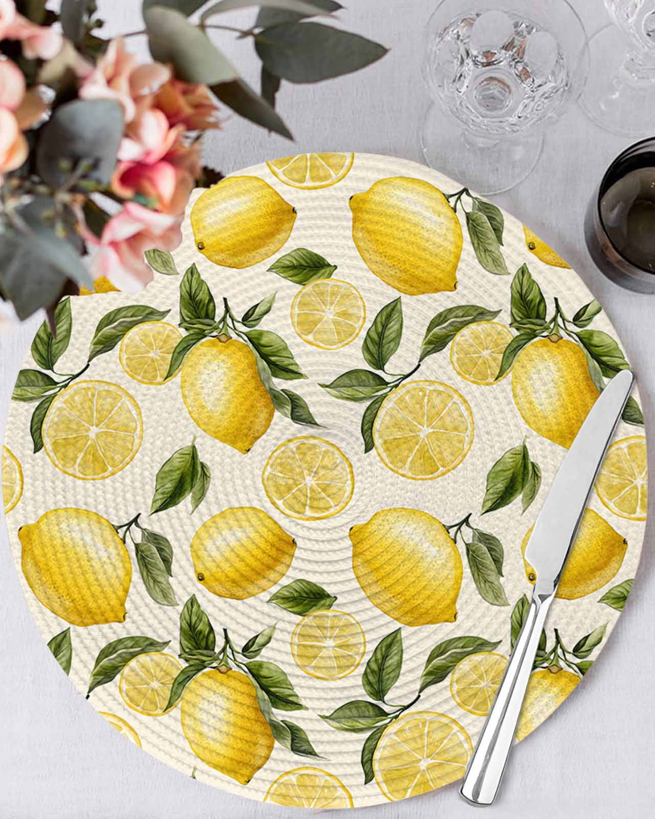 Summer Yellow Lemons Round Table Placemats set of 8, Watercolor Green Floral Leaves Washable Woven Place Mats for Dining Tables Kitchen Party Decor,Heat Proof, 15in,