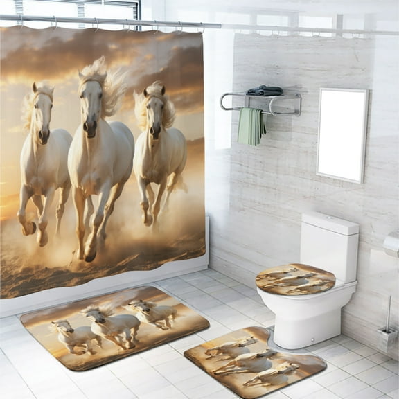 Safari Horses Shower Curtain Set with Rugs Western Animals Running Sunset Scenery Bathroom Decor Bath Curtain with Rugs Toilet Lid Cover Bath Mat, 72x72 Inch