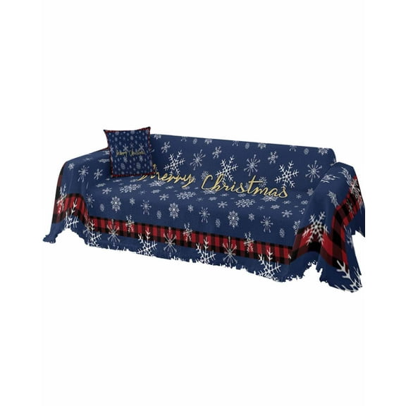 Navy Blue Snowflake Christmas Sofa Covers for 3 Cushion, Washable Couch Cover for Sectional Sofa Slipcovers with Tassel, Xmas Red Plaid Loveseat Covers Futon Cover Blanket 71''x118''