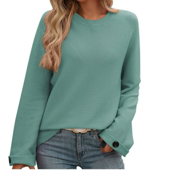 Scyoekwg Women'S Sweaters Knitted Sweater Long Sleeve Warm Casual Crewneck Sweater Solid Color Fall Winter Clothes Pullover Tops(Green,L)