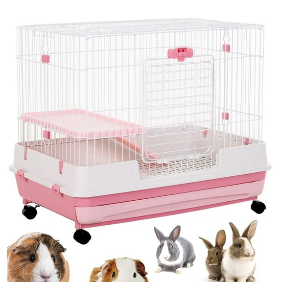 Pink X-Large 32”L 2-Level Indoor Small Animal Rabbit Guinea Pig Cage Easy Pull Out Washable Tray With Wheels