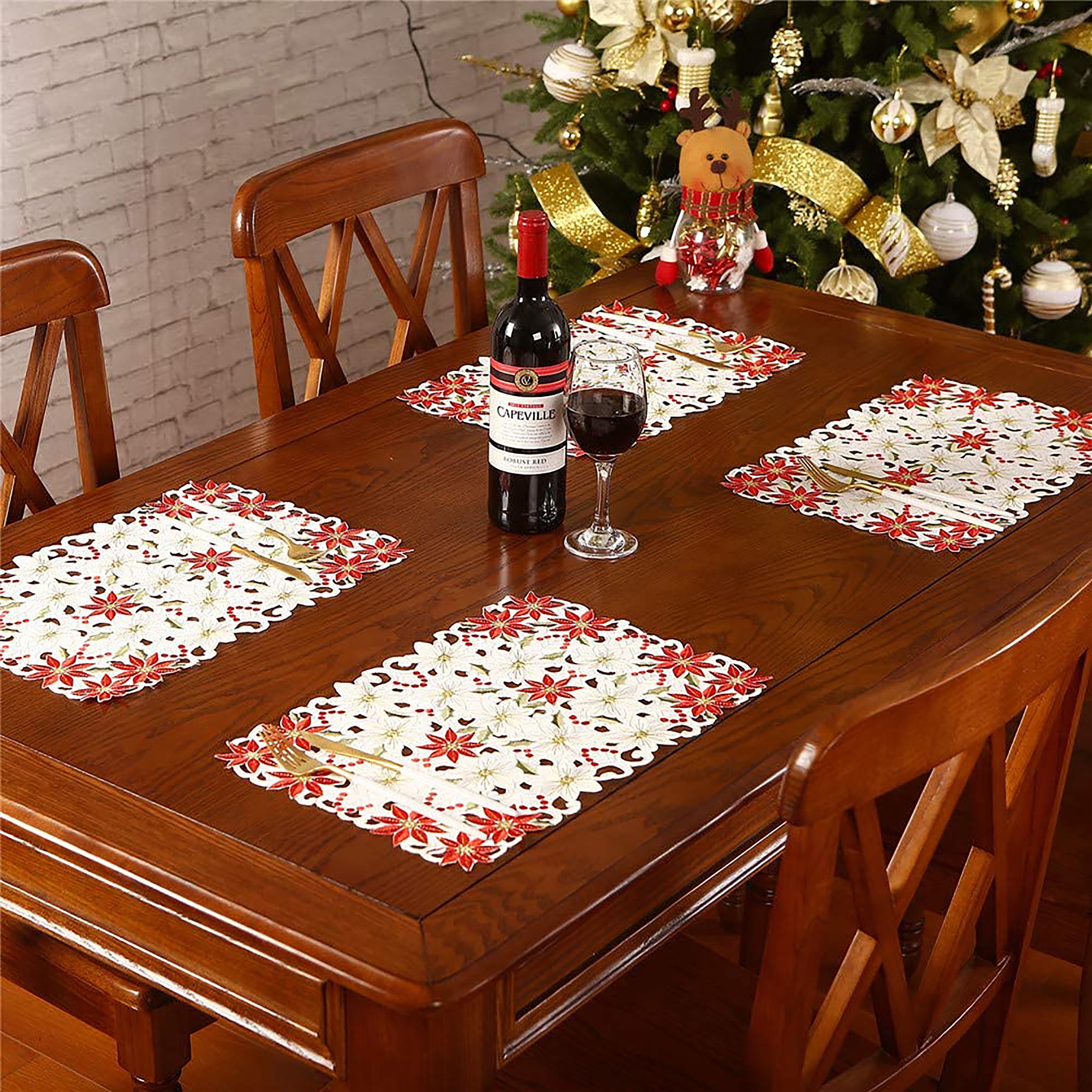 Christmas Placemats Set of 6,Holly Embroidered Holiday Table Mat for