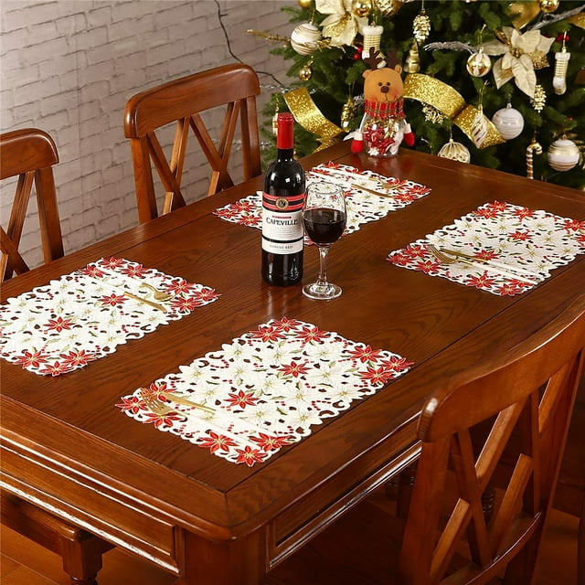Christmas Placemats Set of 6,Holly Embroidered Holiday Table Mat for