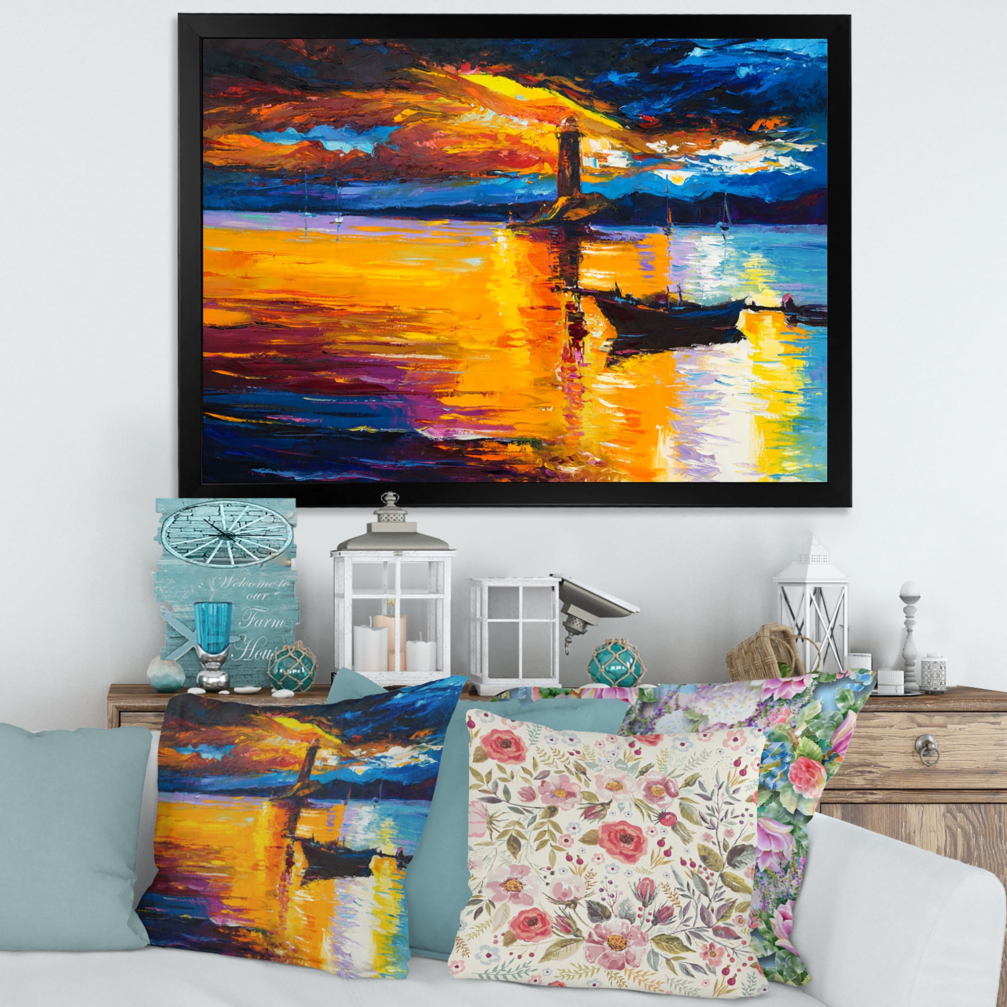 Little Boat By Lighthouse During Evening Glow 32 in x 16 in Framed Painting Canvas Art Print, by Designart