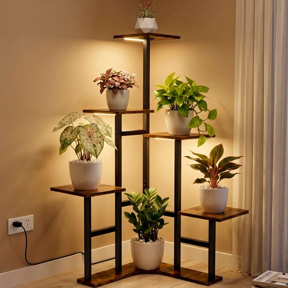 Avalution 6 Tier Plant Stand Indoor, Metal Plant Shelf for Multiple Plants With lights, Brown Corner Plant Stand for Display Flower, Tall Plant Shelf for Garden Balcony Living Room Patio