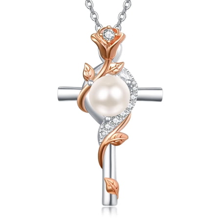 Women's Cross Necklace for Women Sterling Silver White Pearl Necklace Rose Cross Pendant Jewelry Catholic Christian Religious Valentines Day Birthday Gifts for Wife Her Mom Mother