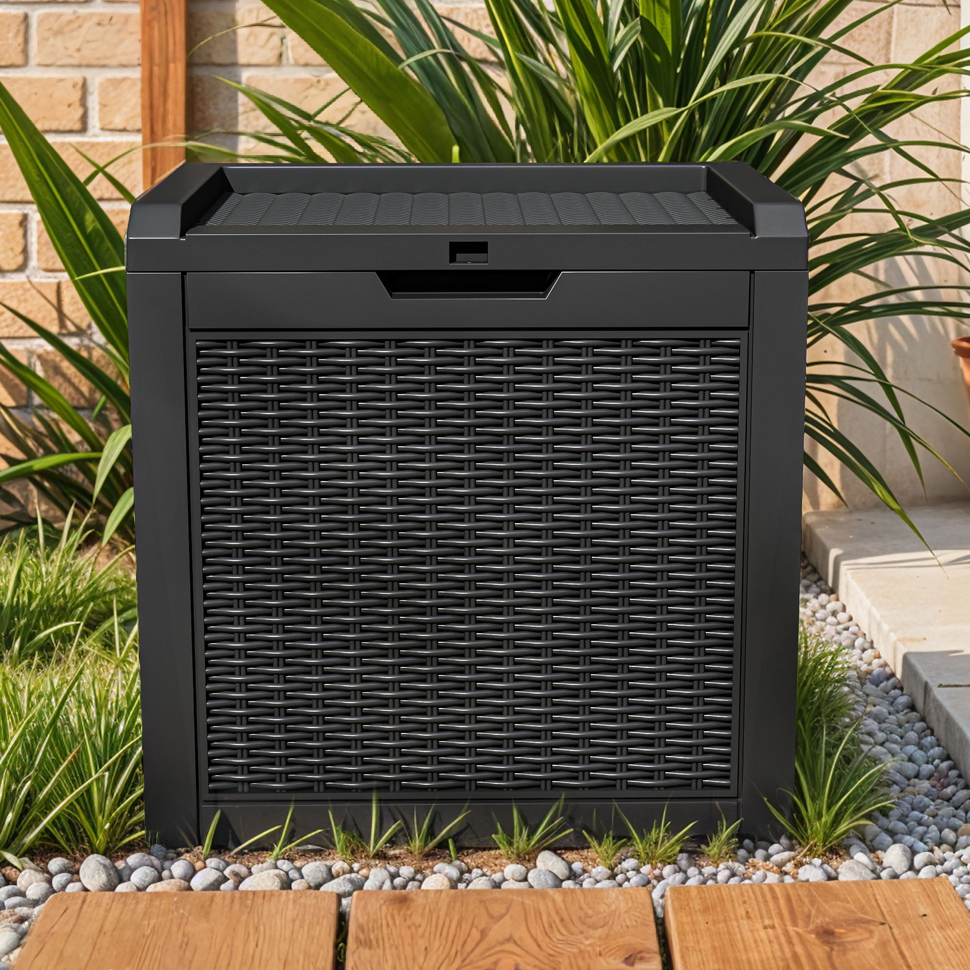 Uforic Outdoor Lockable 32 Gal Resin Deck Box, Storage Box with Lockable Lid & Side Handles, Black