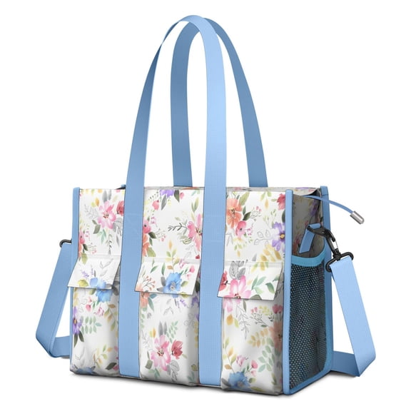 Teacher Tote Bag,Pioneer Flower Floral Print Pattern Teacher Utility Tote Bag,Large Work Tote Bags for Women with Multiple Pockets,Top Zipper Closure,13.8x10.6x6.7 Inch