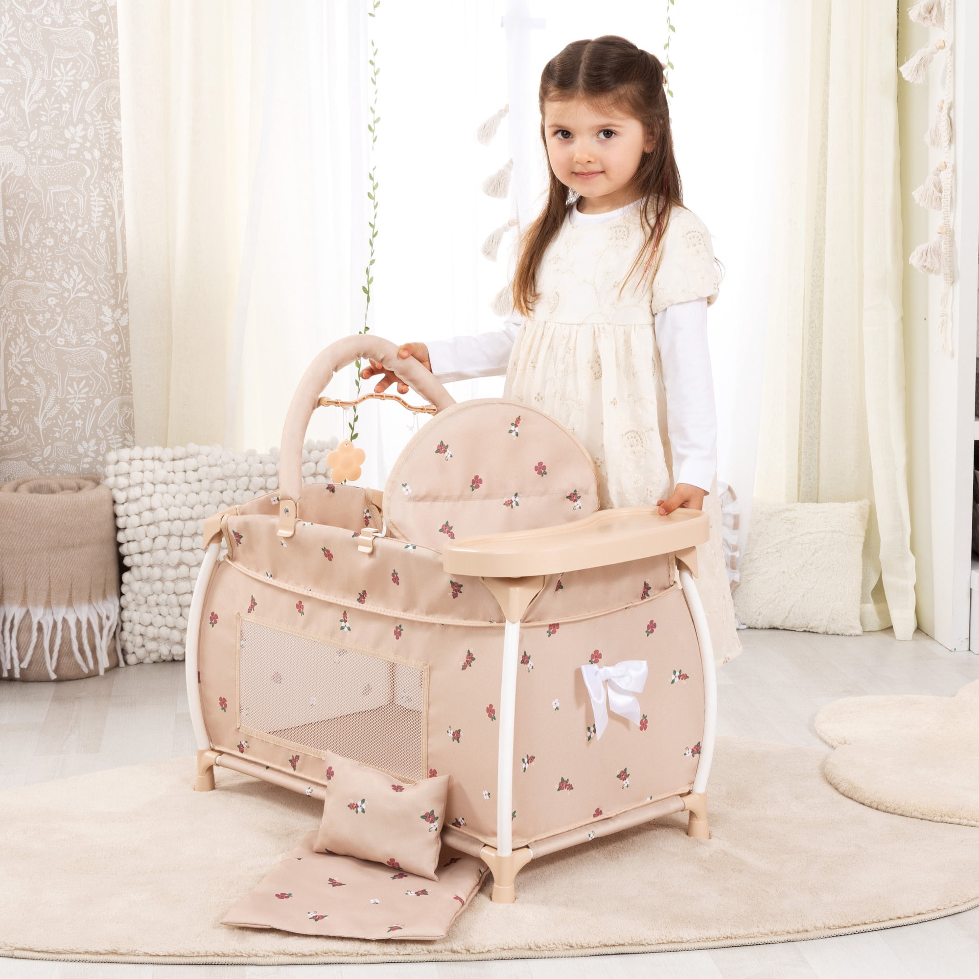Bayer Design: Doll Multi-Bed - Beige & Flowers - Sleep Playpen, Built-In Feeding Highchair, Pillow-Blanket-Mobile, Care Center Fits 18" Dolls, Kids 3+