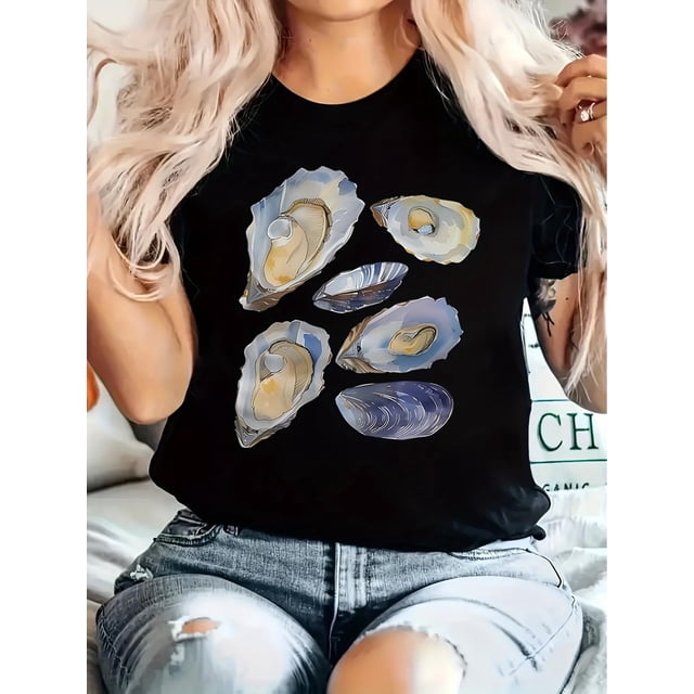 Camiseta Básica para Mujer Verano TranspirableWomen'S Vintage Geometric-Patterned T-Shirt, 100% Polyester Knit Fabric, Crew Neck, Short Sleeve, Casual Summer TopFather's Day, Mother's Day, New Year,