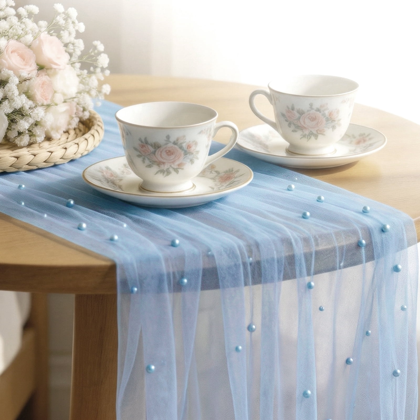3PCS Pearl Gauze Table Runner 10FT Sheer Tablecloth Elegant Dining Table Decor for Home Party Holiday Wedding,33 x 124 Inches