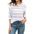 thumbnail image 3 of Xuanfei Women Striped Color Block Eyelet Cutout Ripped Crew Neck Long Sleeve Knit Sweater, 3 of 7