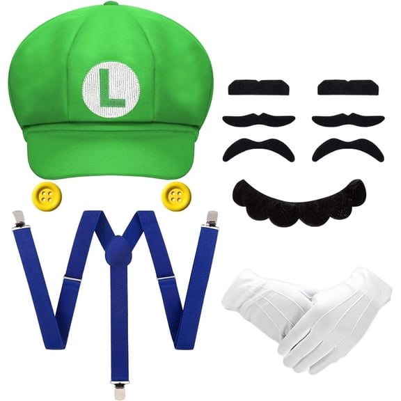 Green Hat Costume Kit for Women Men, Halloween Accessories with Mustaches Suspenders Gloves