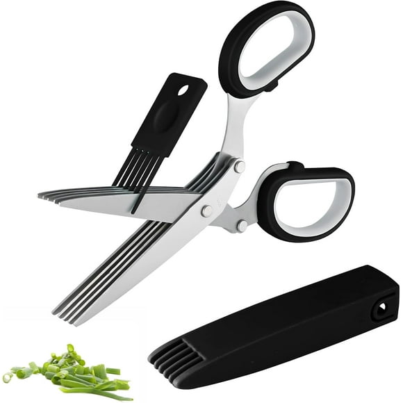 Joyoldelf Gourmet Herb Scissors Set - Master Culinary Multipurpose Cutting Shears with Stainless Steel 5 Blades, Safety Cover and Cleaning Comb for Cutting Cilantro Onion Salad (Black)