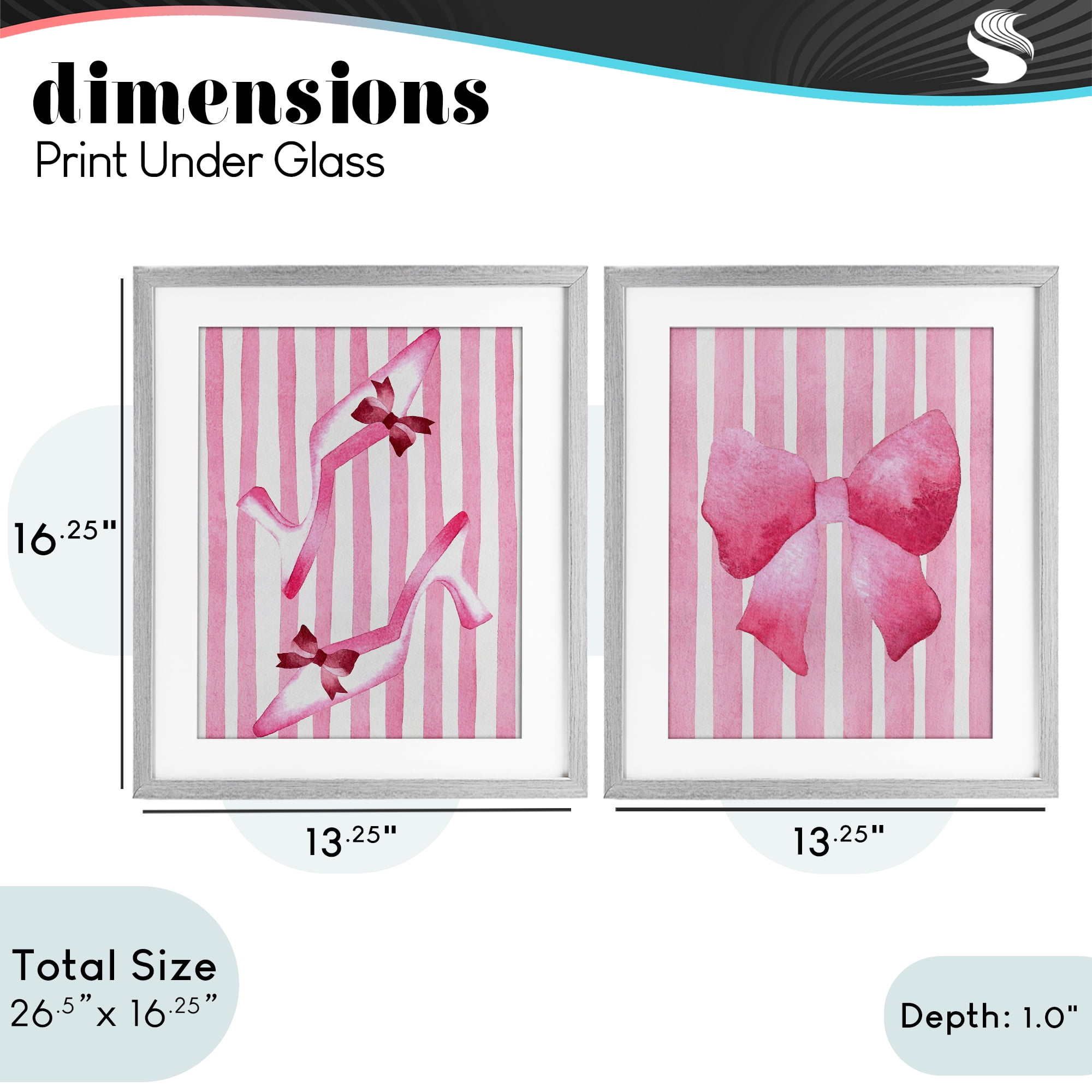 Stupell Industries Feminine Chic Bows Pink Stripes 2 Piece Gray Framed Print Under Glass Set, design by Camila Juncos