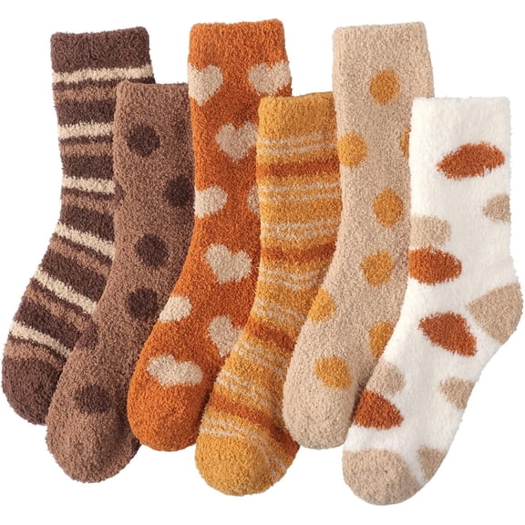 Garbnen 6 Pack Cute Fall Fuzzy Crew Socks, Soft Plush Mid Calf Cozy Indoor Sleep Socks, Warm Autumn Unisex Home Socks Gift Set