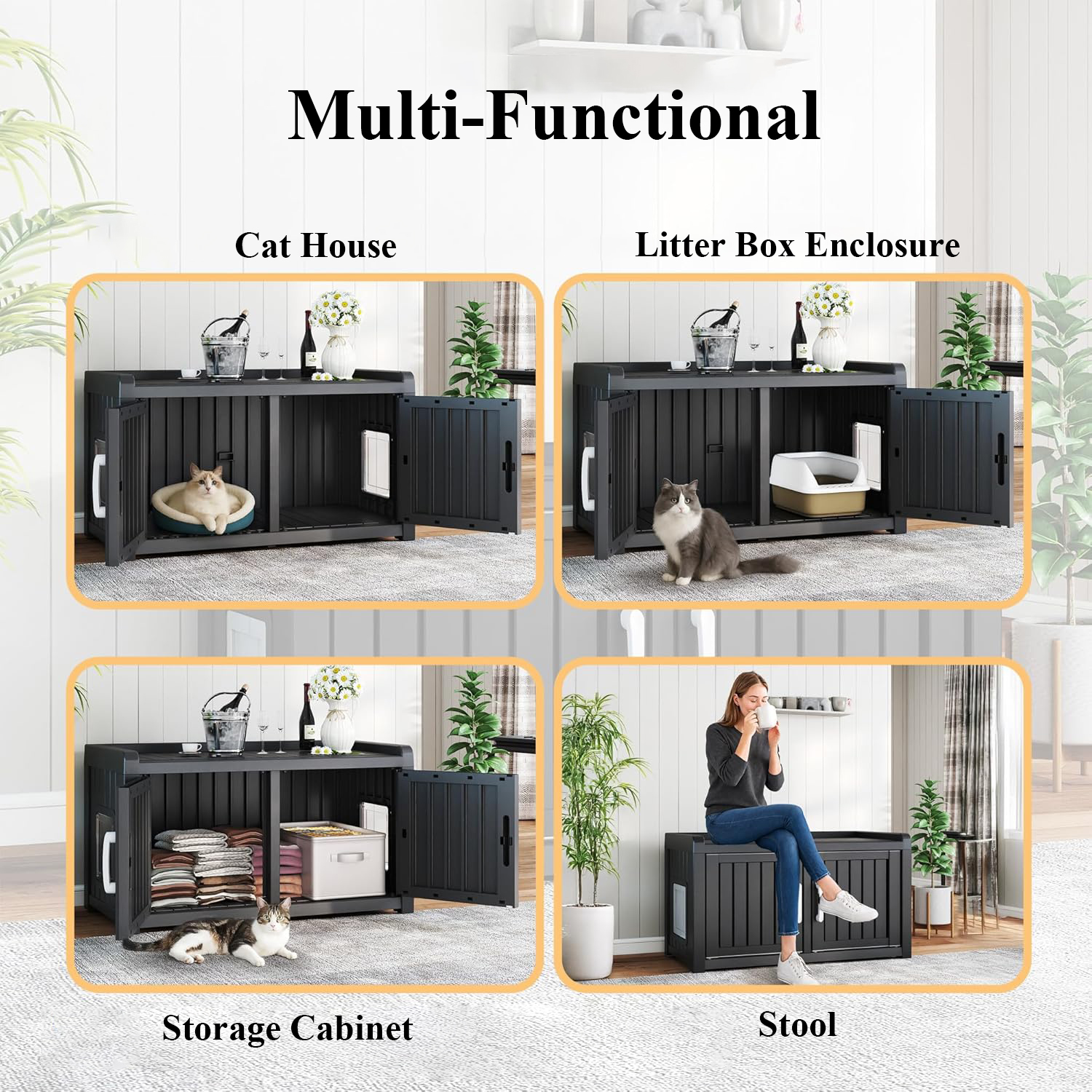 Decksplore Cat Cabinet (31.9"x16.7"x17.8"), HDPE Hidden Cat Litter Furniture, Dual-Door, Litter Box Furniture for Bedroom, Courtyard (Black)