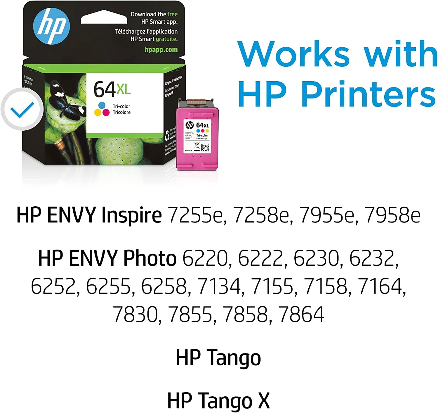 HP 64XL Ink Printer Cartridge for ENVY 7955e 6220, Tri Color, N9J91AN