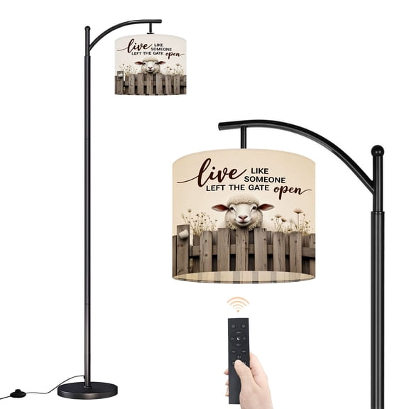 Arc Floor Lamp with Adjustable Lampshade Farm Cottagecore Animal Rustic Country Sheep Wooden Fence Standing Lamp 3 Color Temperatures Dimmable Tall Pole Lamp with Foot Switch for Bedroom