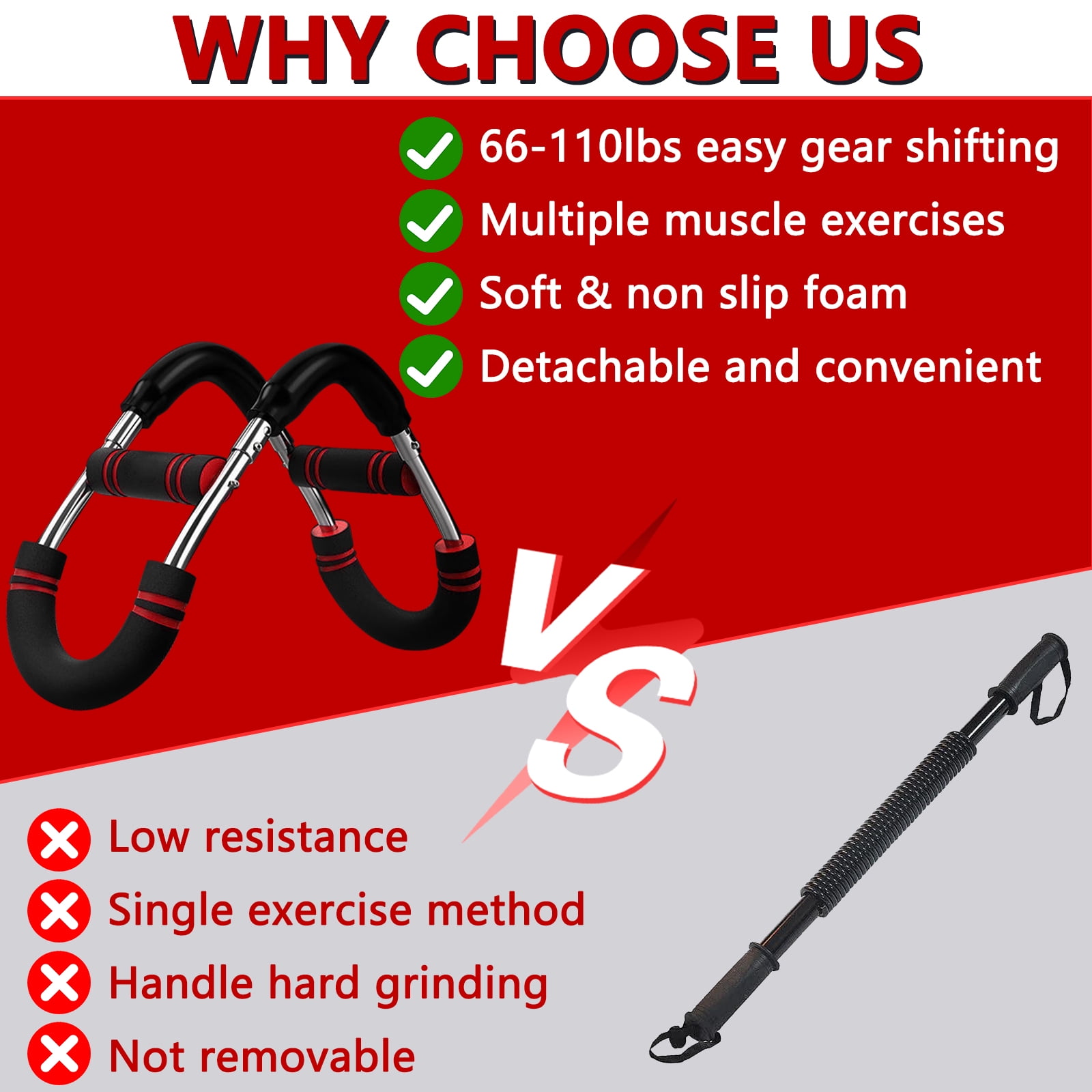 LOVJOYSE Twister Arm Trainer, 66-110lb Adjustable Chest Workout Equipment, Chest Trainer for Men, Portable Detachable Spring Resistance Home Fitness Equipment for Enhancing Upper Body Muscle, Red