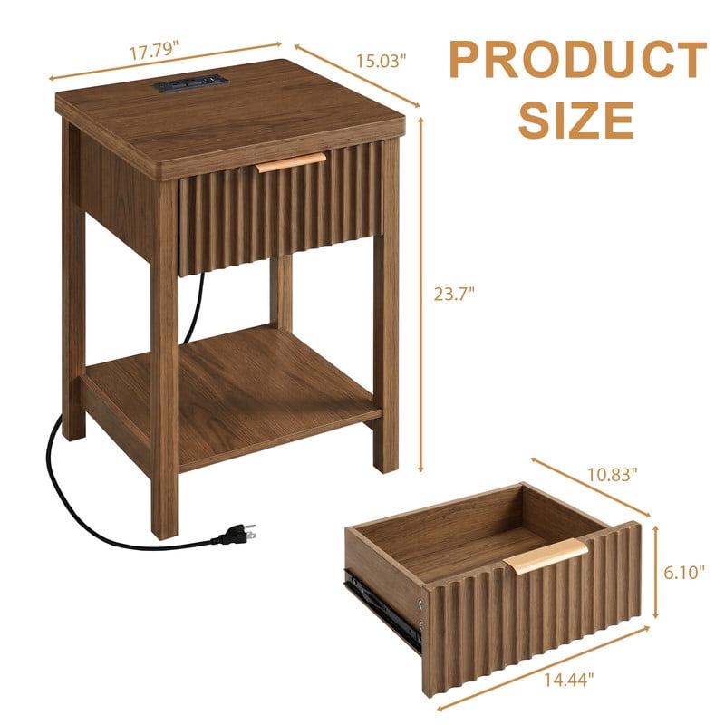 Set of 2 Mid-Century Modern Small Bedside Storage Table with Power Socket, Wood Nightstand with Open Shelf & One Drawer