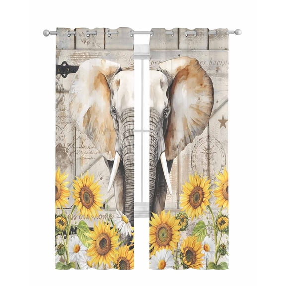 Farmhouse Elephants Sheer Curtains 84 Inch Length 2 Panels Set for Living Room/Bedroom, Spring Summer Sunflowers Wood Grain Kitchen Curtains Grommet Semi-Sheer Curtains Window Treatments 42"x84"x2