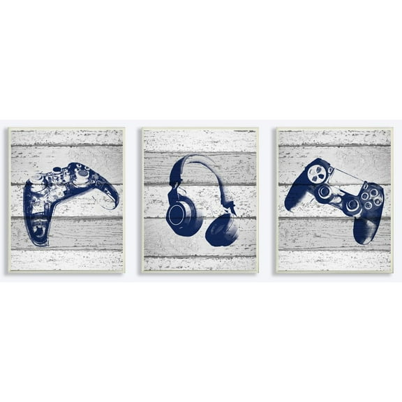 The Kids Room by Stupell Video Gamer Trio Controllers Headset Blue Graphics on Planks Wood Wall Art