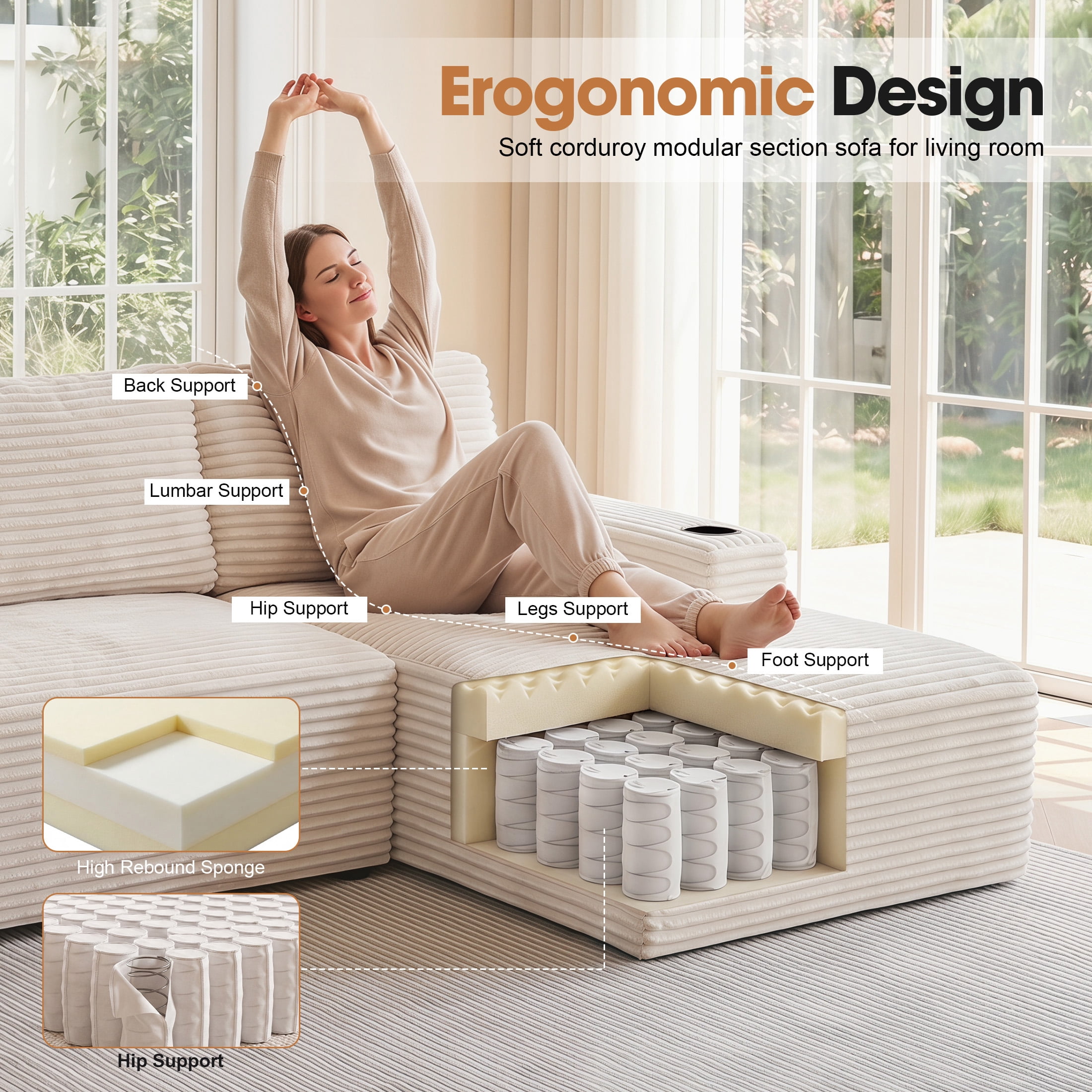 Aenkyo 133 in U-Shaped Cloud Corduroy Sectional Sofa with Cup Holders for Living Room, Cream