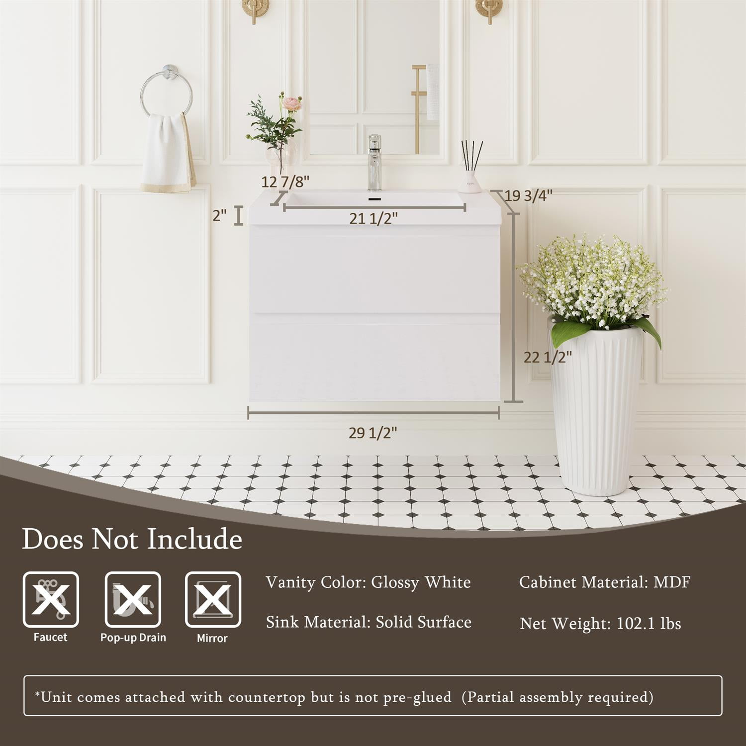 Demi Bonn 30" Floating Bathroom Vanity with Sink, Resin Top Basin and 2 Soft Close Drawers, Faucets and Drains Not Included, White