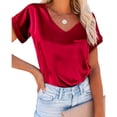 thumbnail image 1 of Camiseta Estrela de satén con cuello en V para mujer, camiseta informal de manga corta con bolsillo, cómoda, a la moda, para mujer, color rojo vino S, 1 of 6