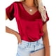 thumbnail image 1 of Camiseta Estrela de satén con cuello en V para mujer, camiseta informal de manga corta con bolsillo, cómoda, a la moda, para mujer, color rojo vino S, 1 of 6