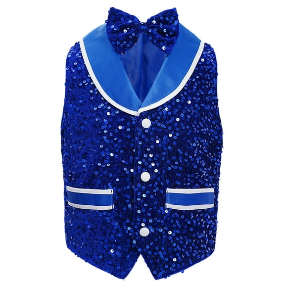 Doomiva Boys Girls Latin Jazz Modern Dance Vest Sleeveless Sparkly Sequins Waistcoat and Tuxedo Bowtie Blue 14