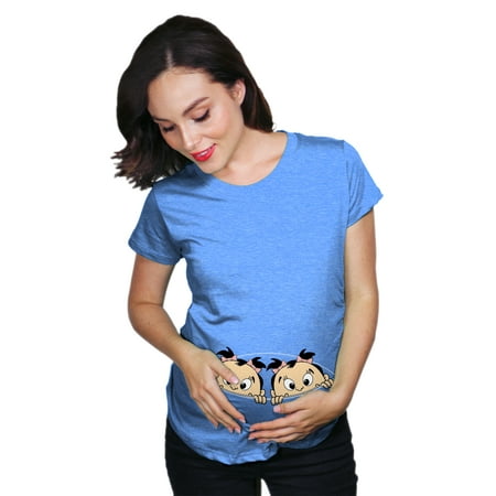 

Maternity Peeking Twin Girls Tshirt Cute Adorable Pregnancy Tee For Mom To Be (Heather Light Blue) - S
