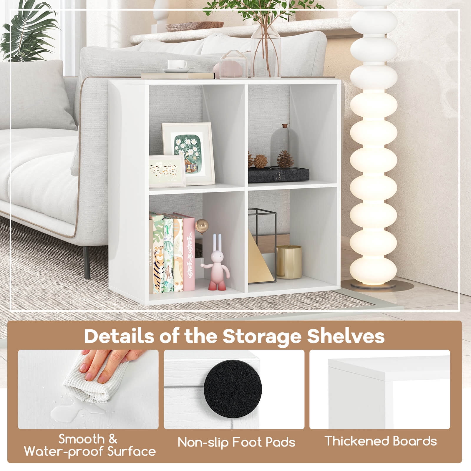 Costway 4-Cube Open Bookshelf with Anti-tip Kits Home Modern Style Storage Shelf for Study White
