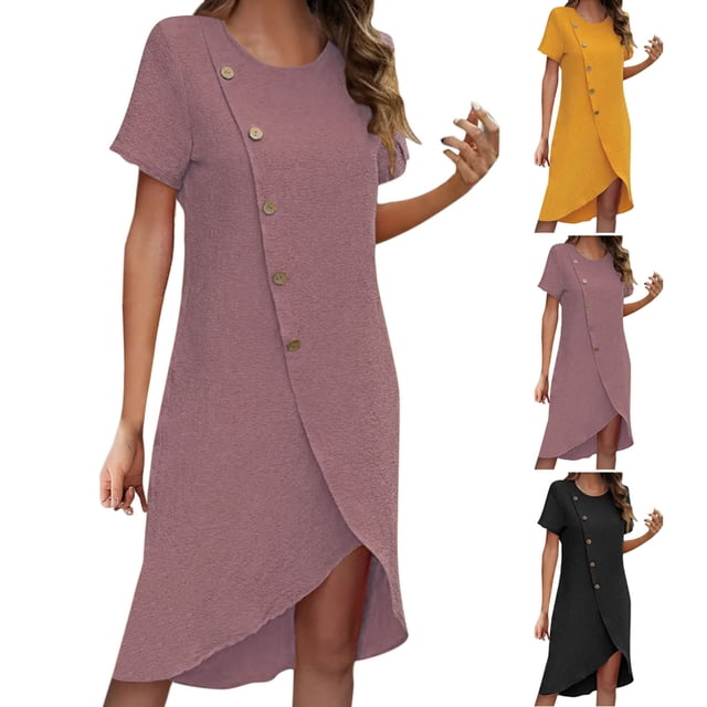 Sentmoon Summer Dress Plus Size Short Sleeve Button Down Boho Dress Solid Color Loose Irregular Crew Neck Shirt Dress Casual for Tropical Vacation Yellow M
