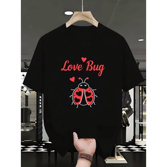 Men's & Women's Black Love Bug Graphic T-Shirt - Casual Short Sleeve Crewneck Tee, Loose Fit Pure Cotton Top for Valentine's Day, Daily Wear, Street Style & Beach Camping